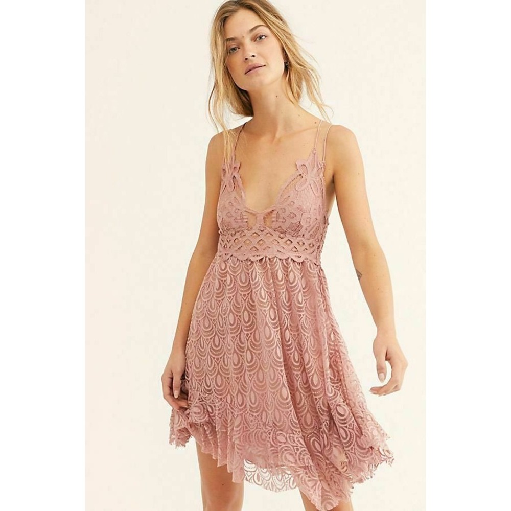 NWT Free People Mini Dress Women Size L Ballet Pink Lace‎ Boho Strappy FP One